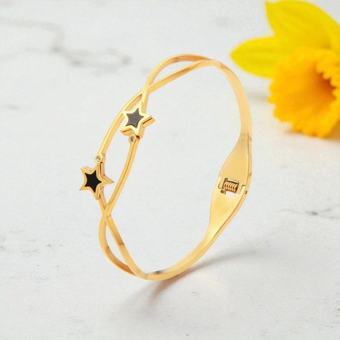 Gold Plated Stainless Steel Star Themed Anti Tarnish Bangle Style Bracelet - Image 2