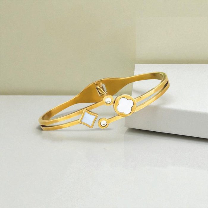 Gold Plated Stainless Steel Clover Themed Anti Tarnish Bangle Style Bracelet - Image 4