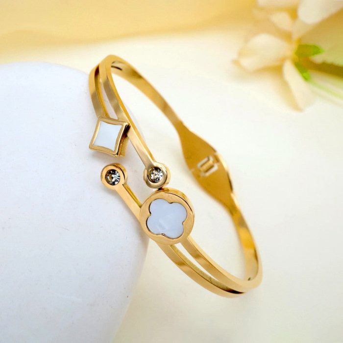 Gold Plated Stainless Steel Clover Themed Anti Tarnish Bangle Style Bracelet - Image 3