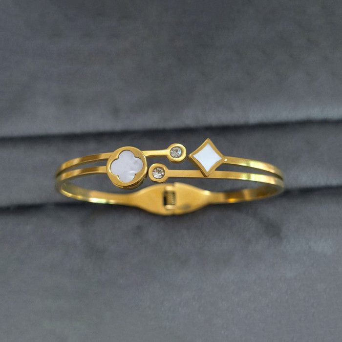 Gold Plated Stainless Steel Clover Themed Anti Tarnish Bangle Style Bracelet - Image 7