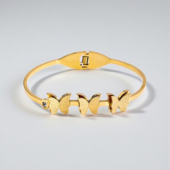 Gold Plated Stainless Steel Butterfly Themed Anti Tarnish Bangle Style Bracelet - Image 8