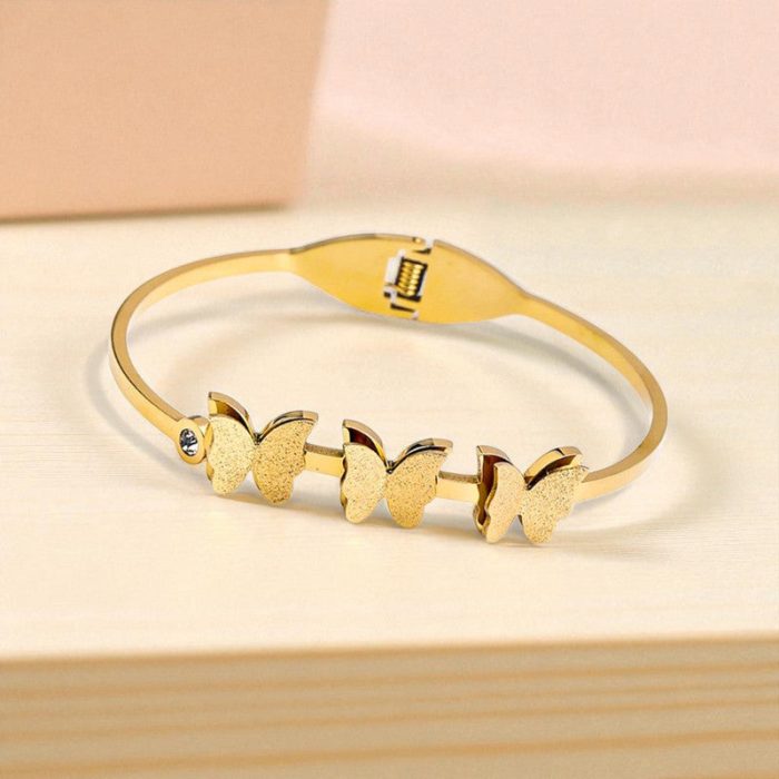 Gold Plated Stainless Steel Butterfly Themed Anti Tarnish Bangle Style Bracelet - Image 12