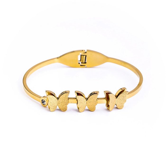 Gold Plated Stainless Steel Butterfly Themed Anti Tarnish Bangle Style Bracelet - Image 2