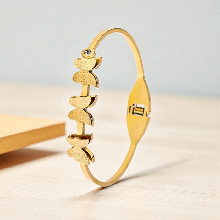 Gold Plated Stainless Steel Butterfly Themed Anti Tarnish Bangle Style Bracelet - Image 5
