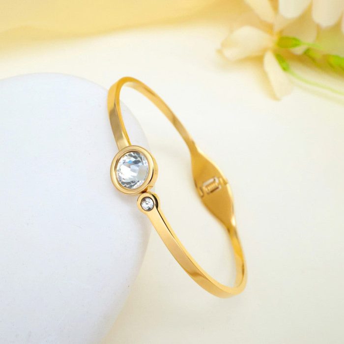Gold Plated Stainless Steel Stone Embedded Anti Tarnish Bangle Style Bracelet - Image 2