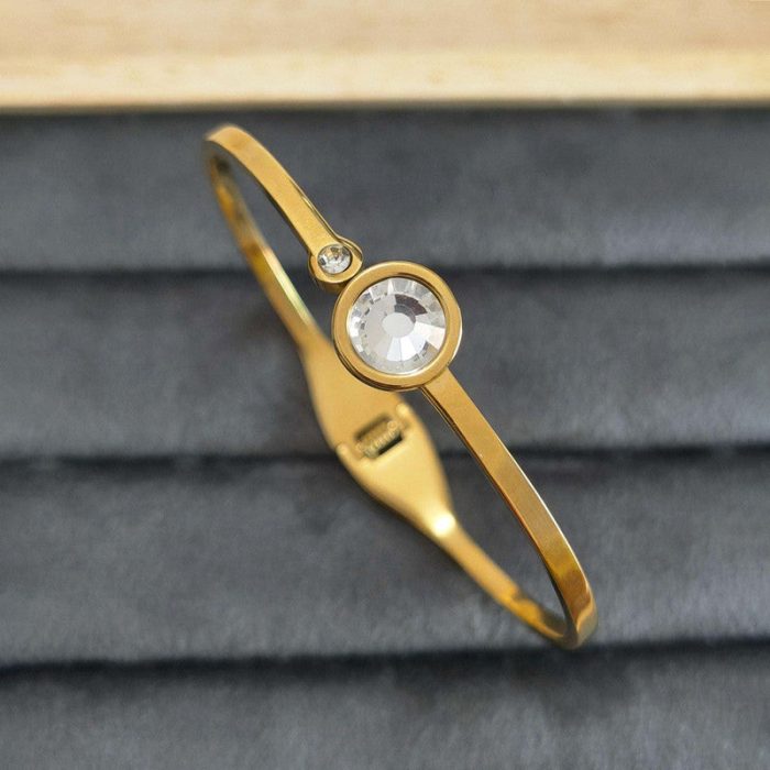 Gold Plated Stainless Steel Stone Embedded Anti Tarnish Bangle Style Bracelet - Image 4
