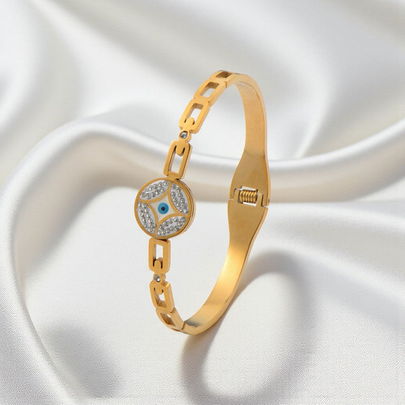 Gold Plated Stainless Steel Evil Eye Themed Anti Tarnish Bangle Style Bracelet - Image 1