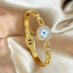Gold Plated Stainless Steel Evil Eye Themed Anti Tarnish Bangle Style Bracelet - Image 3