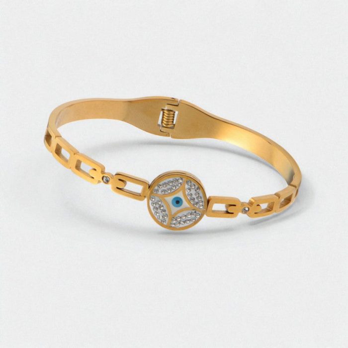 Gold Plated Stainless Steel Evil Eye Themed Anti Tarnish Bangle Style Bracelet - Image 5
