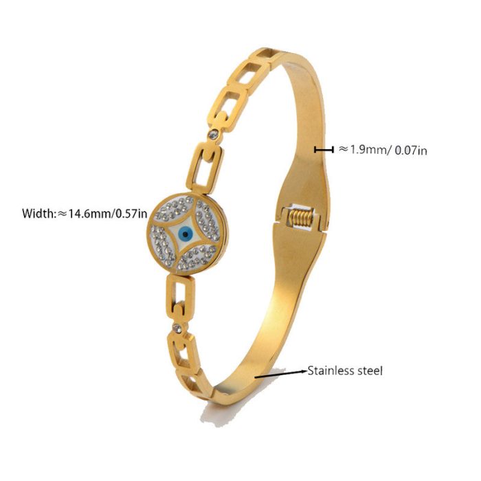 Gold Plated Stainless Steel Evil Eye Themed Anti Tarnish Bangle Style Bracelet - Image 6