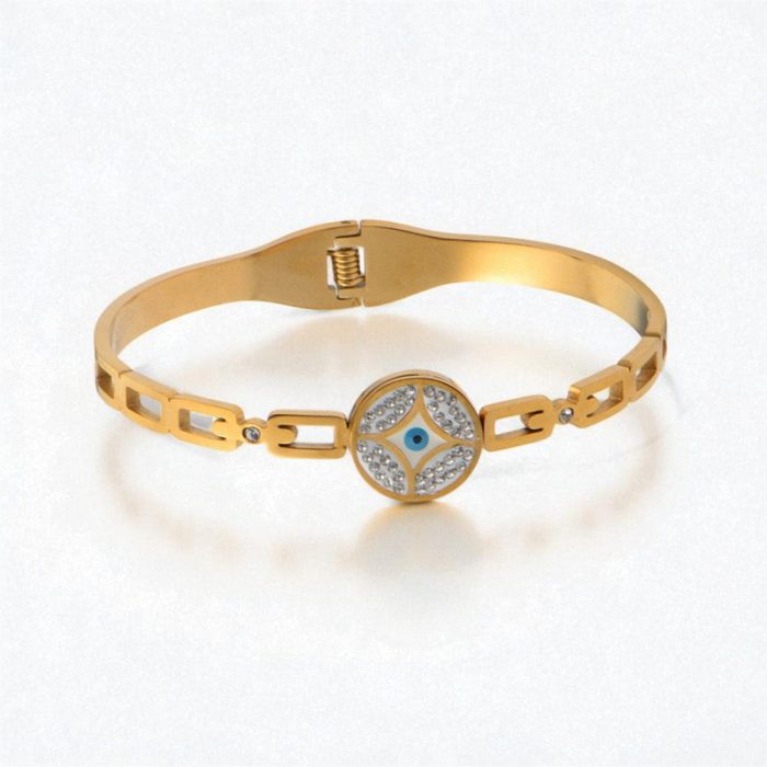 Gold Plated Stainless Steel Evil Eye Themed Anti Tarnish Bangle Style Bracelet - Image 7