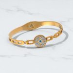 Gold Plated Stainless Steel Evil Eye Themed Anti Tarnish Bangle Style Bracelet - Image 2