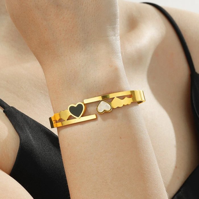 Gold Plated Stainless Steel Heart Themed Anti Tarnish Bangle Style Bracelet - Image 9