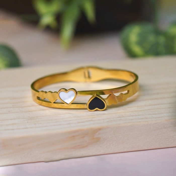 Gold Plated Stainless Steel Heart Themed Anti Tarnish Bangle Style Bracelet - Image 12