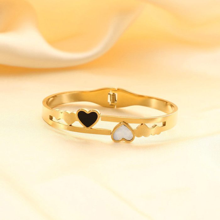 Gold Plated Stainless Steel Heart Themed Anti Tarnish Bangle Style Bracelet - Image 3