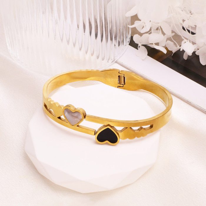 Gold Plated Stainless Steel Heart Themed Anti Tarnish Bangle Style Bracelet - Image 6