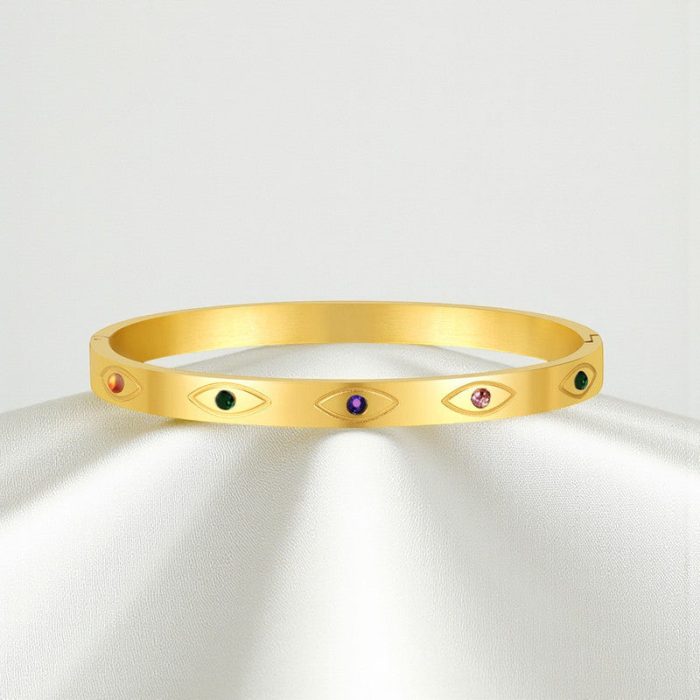Gold Plated Stainless Steel Evil Eye Themed Anti Tarnish Bangle Style Bracelet - Image 2