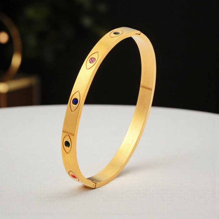 Gold Plated Stainless Steel Evil Eye Themed Anti Tarnish Bangle Style Bracelet - Image 6
