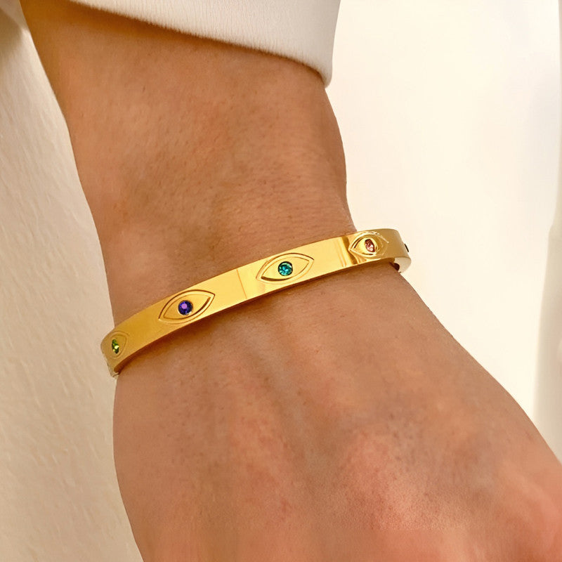 Gold Plated Stainless Steel Evil Eye Themed Anti Tarnish Bangle Style Bracelet - Image 1