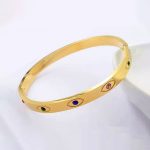 Gold Plated Stainless Steel Evil Eye Themed Anti Tarnish Bangle Style Bracelet - Image 7