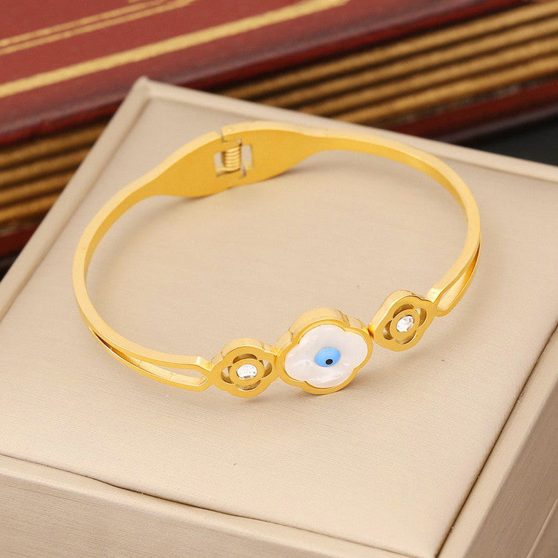 Gold Plated Stainless Steel Evil Eye Themed Anti Tarnish Bangle Style Bracelet - Image 1