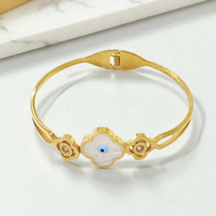 Gold Plated Stainless Steel Evil Eye Themed Anti Tarnish Bangle Style Bracelet - Image 2