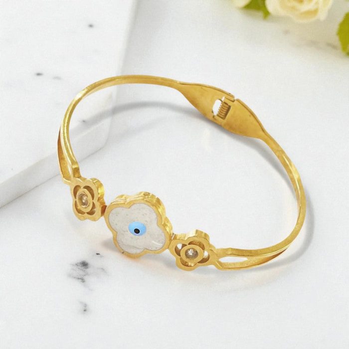Gold Plated Stainless Steel Evil Eye Themed Anti Tarnish Bangle Style Bracelet - Image 3