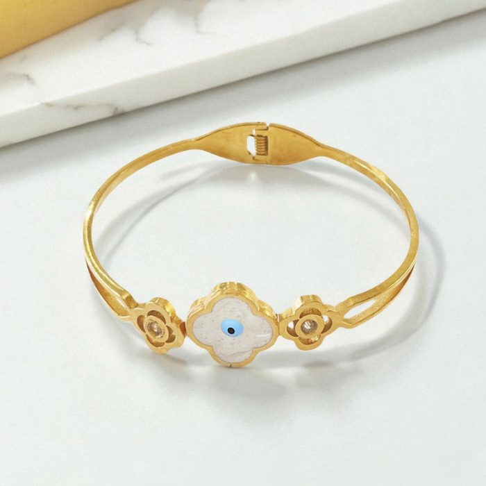 Gold Plated Stainless Steel Evil Eye Themed Anti Tarnish Bangle Style Bracelet - Image 5