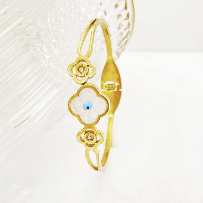 Gold Plated Stainless Steel Evil Eye Themed Anti Tarnish Bangle Style Bracelet - Image 6
