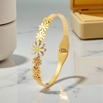 Gold Plated Stainless Steel Floral Themed Anti Tarnish Bangle Style Bracelet - Image 2
