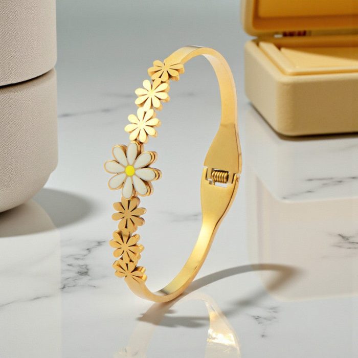 Gold Plated Stainless Steel Floral Themed Anti Tarnish Bangle Style Bracelet - Image 2