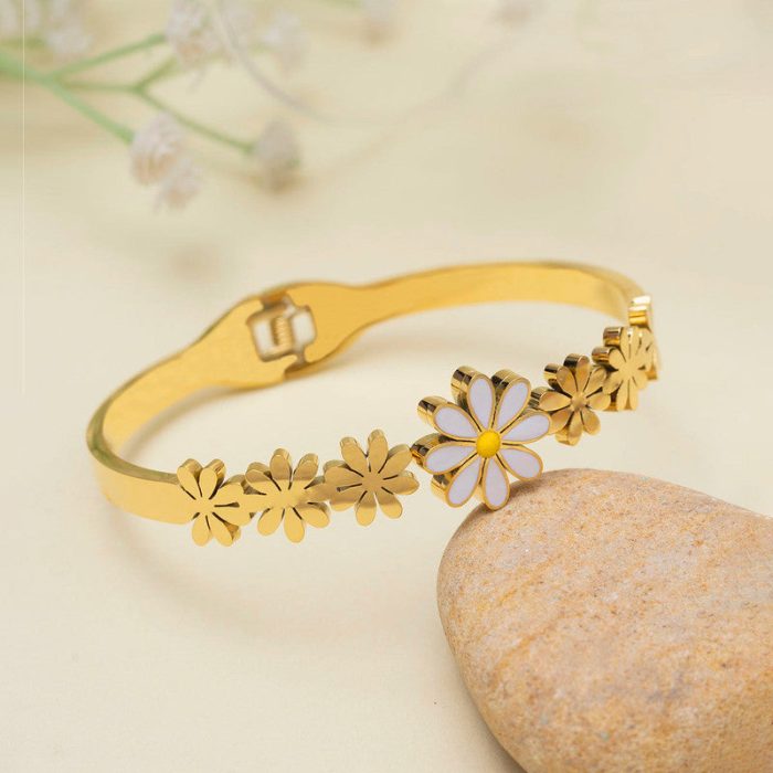 Gold Plated Stainless Steel Floral Themed Anti Tarnish Bangle Style Bracelet - Image 3