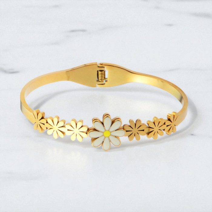 Gold Plated Stainless Steel Floral Themed Anti Tarnish Bangle Style Bracelet - Image 4