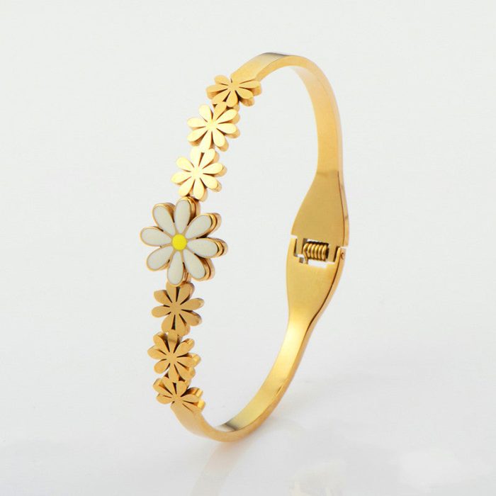 Gold Plated Stainless Steel Floral Themed Anti Tarnish Bangle Style Bracelet - Image 5