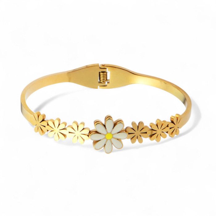 Gold Plated Stainless Steel Floral Themed Anti Tarnish Bangle Style Bracelet - Image 7