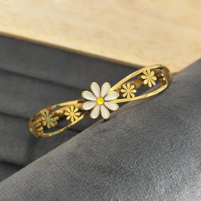 Gold Plated Stainless Steel Floral Themed Anti Tarnish Bangle Style Bracelet - Image 9