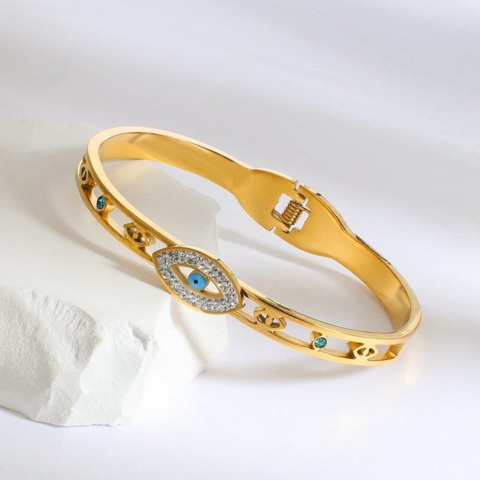 Gold Plated Stainless Steel Evil Eye Themed Anti Tarnish Bangle Style Bracelet - Image 4