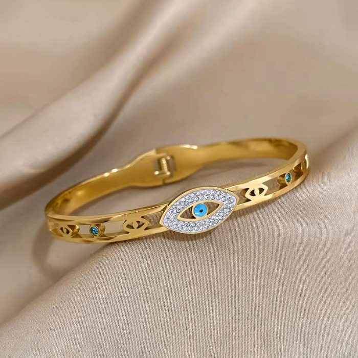 Gold Plated Stainless Steel Evil Eye Themed Anti Tarnish Bangle Style Bracelet - Image 8