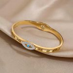 Gold Plated Stainless Steel Evil Eye Themed Anti Tarnish Bangle Style Bracelet - Image 9