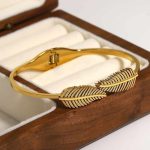 Gold Plated Stainless Steel Leaf Themed Anti Tarnish Bangle Style Bracelet - Image 3