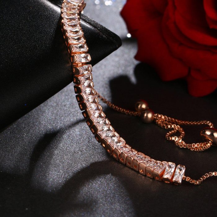 Rose Gold Plated Rectangular Cut Cubic Zirconia White Matrix Tennis Bracelet - Image 2