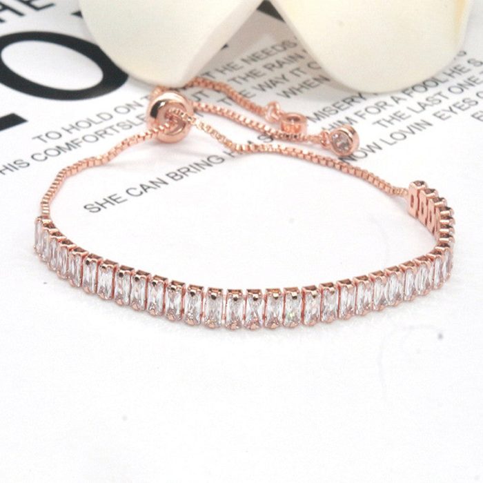 Rose Gold Plated Rectangular Cut Cubic Zirconia White Matrix Tennis Bracelet - Image 3