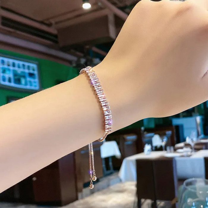 Rose Gold Plated Rectangular Cut Cubic Zirconia White Matrix Tennis Bracelet - Image 4