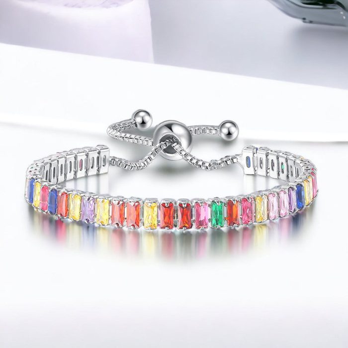 Silver Plated Rectangular Cut Cubic Zirconia Multicolor Matrix Anti Tarnish Tennis Bracelet - Image 2