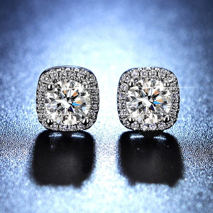 Silver Plated Crystal Studded Geometrical Anti Tarnish Solitaire Stud Earrings - VAIRAVI