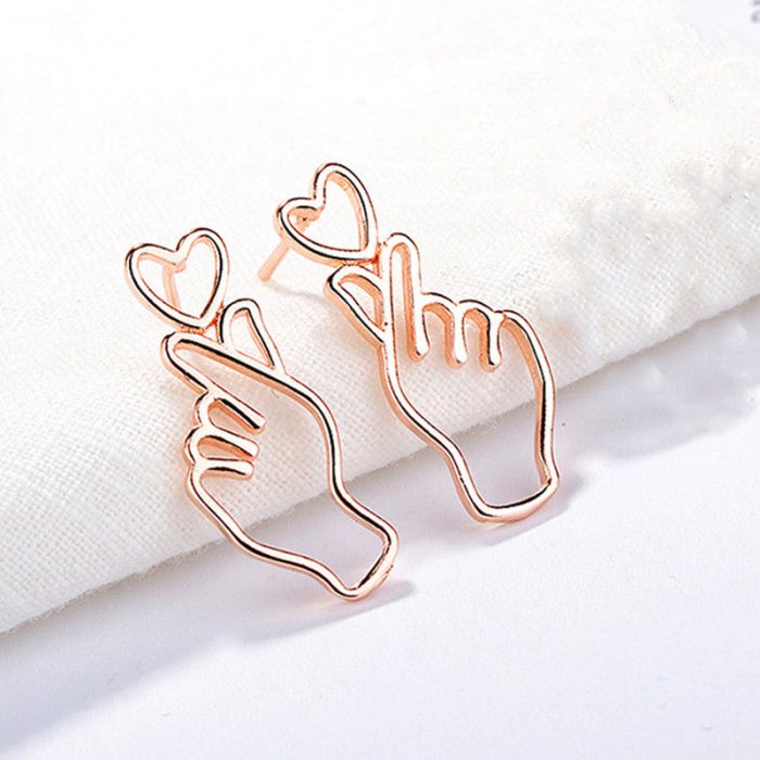 Rose Gold Plated Finger Heart Style Korean Stud Earrings - Image 2