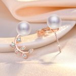 Rose Gold Plated American Diamond Studded Pearl Leaf Korean Stud Earrings - Image 2