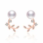 Rose Gold Plated American Diamond Studded Pearl Leaf Korean Stud Earrings - Image 3