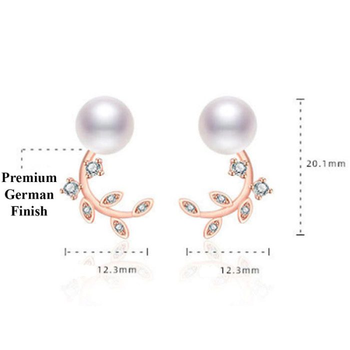 Rose Gold Plated American Diamond Studded Pearl Leaf Korean Stud Earrings - Image 4