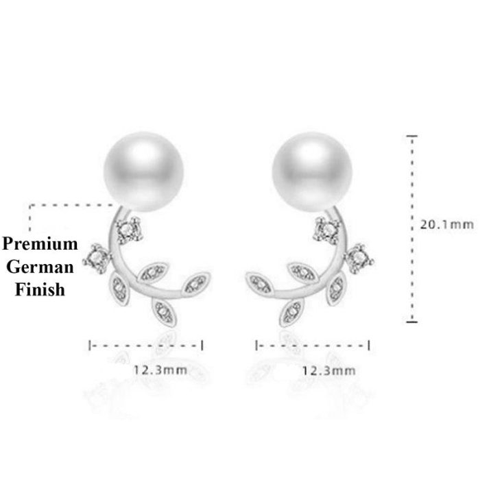 Silver Plated American Diamond Studded Pearl Leaf Korean Stud Earrings - Image 3